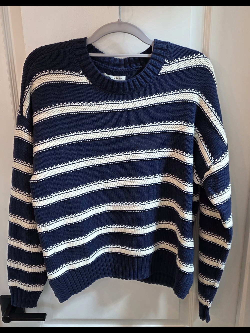 American Eagle Outfitters Navy and White Striped Crewneck Sweater